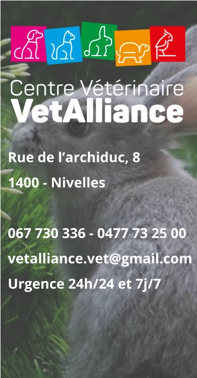 Rue de l’archiduc, 81400 - Nivelles 067 730 336 - 0477 73 25 00vetalliance.vet@gmail.com Urgence 24h/24 et 7j/7