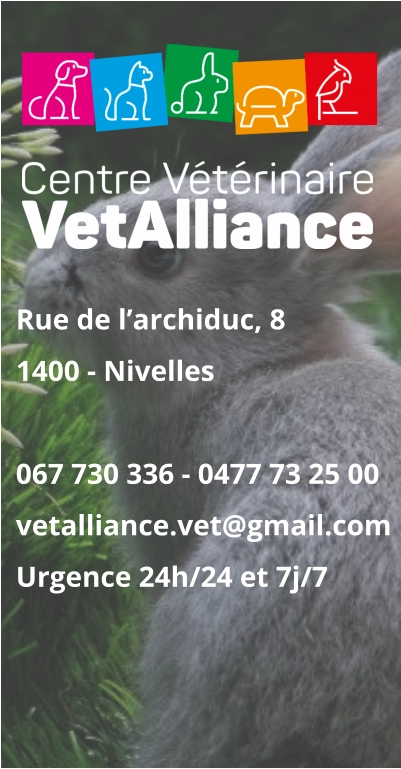 Rue de l’archiduc, 81400 - Nivelles 067 730 336 - 0477 73 25 00vetalliance.vet@gmail.com Urgence 24h/24 et 7j/7